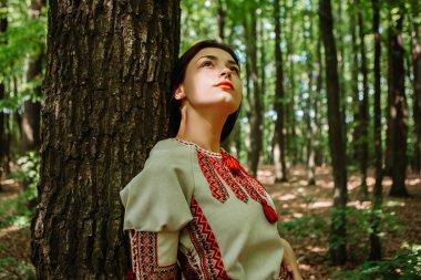 Woman dressed traditional fashionable ukrainian embroidery vyshyvanka dress shirt ethnic costume cloth standing posing in the forest. Ukrainian culture, patriotism.