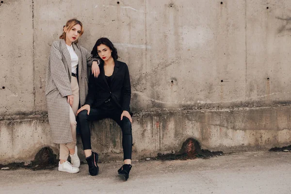 Two Pretty Women Friends Posing Gray Wall Couple Gay Lesbian — Stockfoto