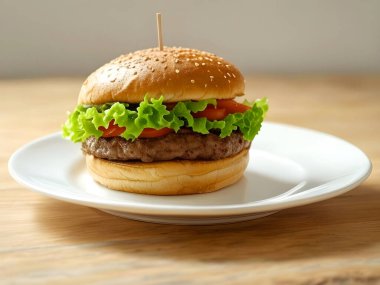 Beyaz tabakta hamburger: susamlı çörek, marul, domates, peynir, pirzola. Arkaplan - Kafenin içi bulanık