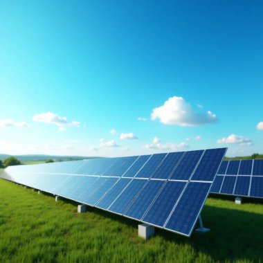 Image of a solar power plant. An endless field covered with green grass is dotted with solar panels mounted on metal supports. The panels are angled towards the sun, which illuminates them with bright light. clipart