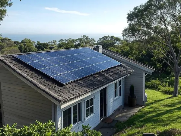 Çatıya güneş paneli monte edilmiş özel bir evin fotoğrafı. Güneş panelleri çatının önemli bir bölümünü kaplıyor ve güneşe doğru dönük..