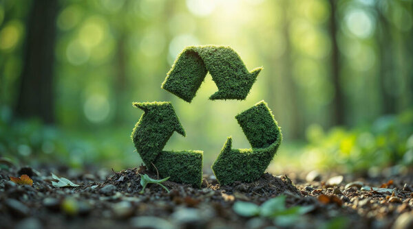 a recycling symbol made from green moss. The symbol is placed against the background of the earth, which emphasizes its connection with nature and ecology.