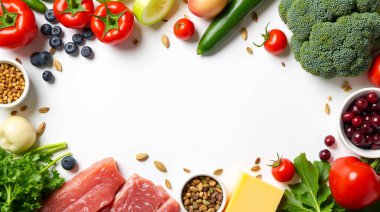 Ketojenik diyet yiyecekler. Sağlıklı düşük karbonhidratlı ürünler. Keto diyet konsepti. Sebzeler, balık, et, fındık, tohumlar, böğürtlen, peynir beyaz arka planda..