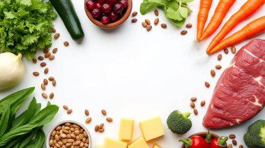 Ketojenik diyet yiyecekler. Sağlıklı düşük karbonhidratlı ürünler. Keto diyet konsepti. Sebzeler, balık, et, fındık, tohumlar, böğürtlen, peynir beyaz arka planda..