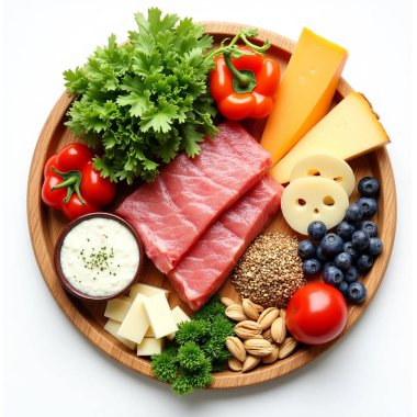 Ketojenik diyet yiyecekler. Sağlıklı düşük karbonhidratlı ürünler. Keto diyet konsepti. Sebzeler, balık, et, fındık, tohumlar, böğürtlen, peynir beyaz arka planda..