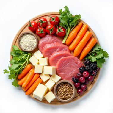 Ketojenik diyet yiyecekler. Sağlıklı düşük karbonhidratlı ürünler. Keto diyet konsepti. Sebzeler, balık, et, fındık, tohumlar, böğürtlen, peynir beyaz arka planda..
