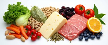 Ketojenik diyet yiyecekler. Sağlıklı düşük karbonhidratlı ürünler. Keto diyet konsepti. Sebzeler, balık, et, fındık, tohumlar, böğürtlen, peynir beyaz arka planda..