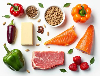 Ketojenik diyet yiyecekler. Sağlıklı düşük karbonhidratlı ürünler. Keto diyet konsepti. Sebzeler, balık, et, fındık, tohumlar, böğürtlen, peynir beyaz arka planda..