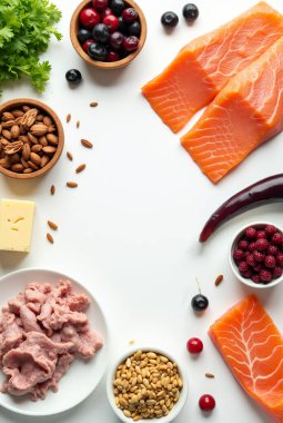 Ketojenik diyet yiyecekler. Sağlıklı düşük karbonhidratlı ürünler. Keto diyet konsepti. Sebzeler, balık, et, fındık, tohumlar, böğürtlen, peynir beyaz arka planda..