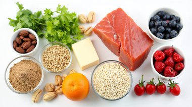 Ketojenik diyet yiyecekler. Sağlıklı düşük karbonhidratlı ürünler. Keto diyet konsepti. Sebzeler, balık, et, fındık, tohumlar, böğürtlen, peynir beyaz arka planda..