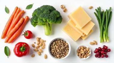 Ketojenik diyet yiyecekler. Sağlıklı düşük karbonhidratlı ürünler. Keto diyet konsepti. Sebzeler, balık, et, fındık, tohumlar, böğürtlen, peynir beyaz arka planda..