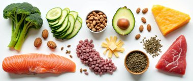Ketojenik diyet yiyecekler. Sağlıklı düşük karbonhidratlı ürünler. Keto diyet konsepti. Sebzeler, balık, et, fındık, tohumlar, böğürtlen, peynir beyaz arka planda..