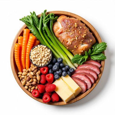 Ketojenik diyet yiyecekler. Sağlıklı düşük karbonhidratlı ürünler. Keto diyet konsepti. Sebzeler, balık, et, fındık, tohumlar, böğürtlen, peynir beyaz arka planda..