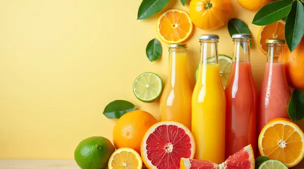 Yaz içecekleri. Citrus meyve suyu, taze meyve suyu, yiyecek geçmişi. Farklı bir bütünün ve meyve kesiminin karışımı: portakal, greyfurt, kireç, mandalina yapraklı ve içki şişeli, pankart