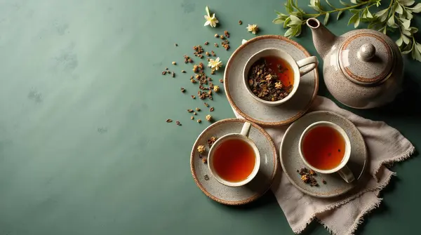 Keten kumaşlı çay takımı, kurutulmuş çay fincanları yeşil arka planda çaydanlık, fotokopi alanı olan üst manzara.