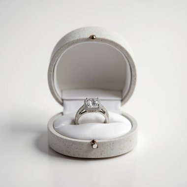 Reklam - beyaz arkaplanı olan büyük elmas yüzüklü temiz yüzük kutusunun resmi