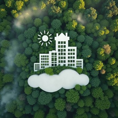 2050 'de yeşil binalar, gelecekteki yeşil işletme fikirlerinin sürdürülebilirlik hedefleri. Bakir doğada beyaz yapı..