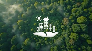 2050 'de yeşil binalar, gelecekteki yeşil işletme fikirlerinin sürdürülebilirlik hedefleri. Bakir doğada beyaz yapı..