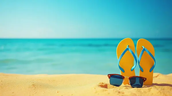 Mavi deniz arka planına karşı sarı kumda parmak arası terlik ve güneş gözlüğü. Yaz tatili ve seyahat konsepti
