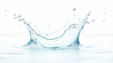 Beyaz arka planda izole edilmiş temiz ve taze su sıçramaları. Damlalar uçar gider