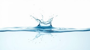 Beyaz arka planda izole edilmiş temiz ve taze su sıçramaları. Damlalar uçar gider