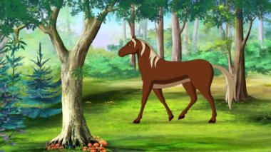 Kahverengi At güneşli bir günde ormanda yürüyor. El yapımı animasyon 4K görüntü, hareket grafikleri