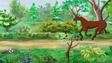 Vahşi kahverengi at güneşli bir günde ormanda dört nala koşuyor. El yapımı animasyon 4K görüntü, hareket grafikleri