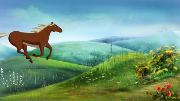 Brązowy Koń Galopujący Wzgórzach Ręcznie Robiony Animowany Materiał Grafika Ruchu — Wideo stockowe
