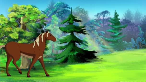 Brązowy Koń Spacerujący Lesie Słoneczny Dzień Ręcznie Robiony Animowany Materiał — Wideo stockowe