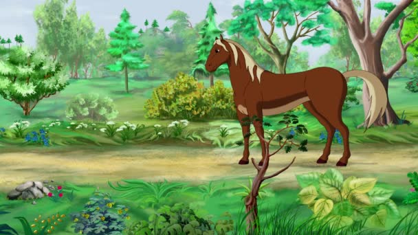 Cavalo Castanho Andando Parque Dia Ensolarado Filmes Animados Artesanais Gráficos — Vídeo de Stock