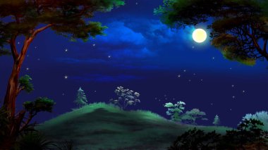 Ormanda Ay Işığı Gecesi. Dijital Boyama Arkaplanı, Resimler.