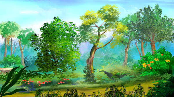 Trees and flowers in the forest on a sunny summer day. Digital Painting Background, Illustration.