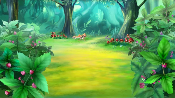 阳光明媚的夏日 森林草地上的蘑菇和浆果 数码绘画背景 — 图库照片