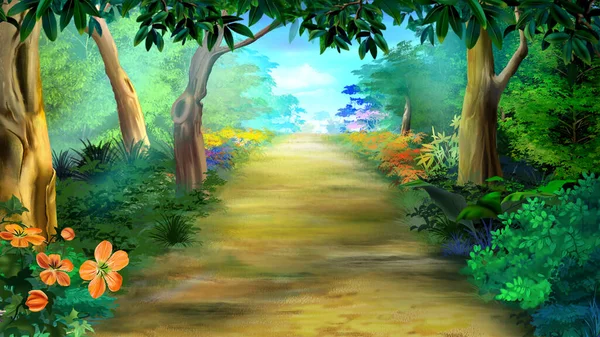 夏日阳光明媚 森林里的树木和花朵在清扫 数码绘画背景 — 图库照片