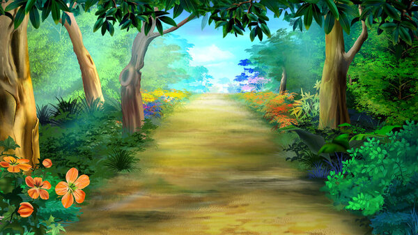 Trees and flowers in the forest cleaning on a sunny summer day. Digital Painting Background, Illustration.