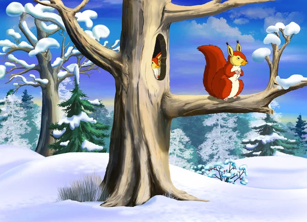 Κόκκινος Σκίουρος Δάσος Μια Χειμωνιάτικη Μέρα Ψηφιακή Ζωγραφική Ιστορικό Εικονογράφηση — Φωτογραφία Αρχείου