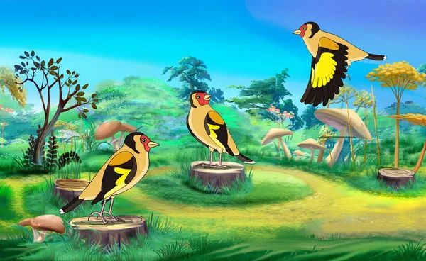 Una Bandada Pájaros Del Bosque Prado Día Soleado Fondo Pintura — Foto de Stock