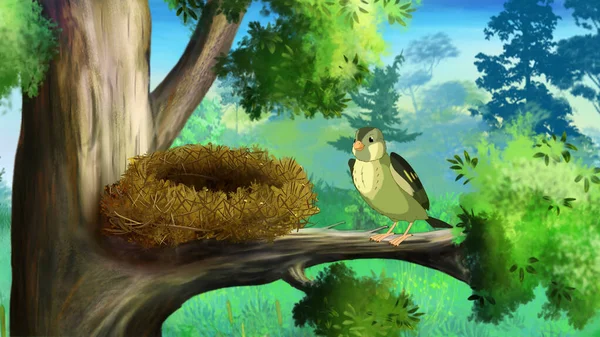 Zelený Pták Poblíž Hnízda Slunečného Dne Digitální Malba Pozadí Ilustrace — Stock fotografie