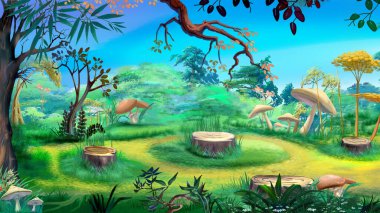 Güneşli bir yaz gününde orman çayırında mantar ve kütük. Dijital Boyama Arkaplanı, Resimler.