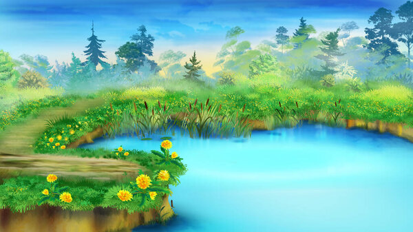 Small pond in the nature on a sunny summer day. Digital Painting Background, Illustration.