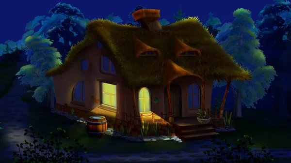 Fairy Gnome House Forest Night Digital Painting Background Illustration — Stock Photo, Image