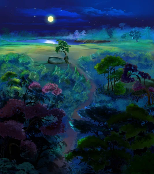 Noite Verão Iluminada Pela Lua Numa Limpeza Florestal Pintura Digital — Fotografia de Stock
