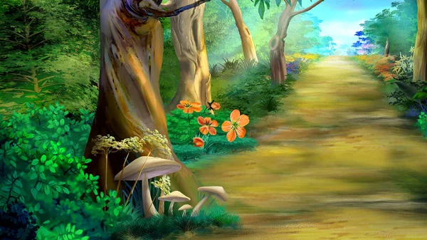 Cogumelos Uma Floresta Dia Ensolarado Verão Pintura Digital Fundo Ilustração — Fotografia de Stock