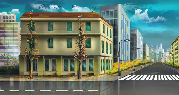 Street of a big city in cloudy weather after rain. Digital Painting Background, Illustration.