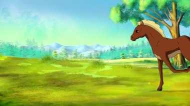 Kahverengi tayın güneşli bir günde ormanda dört nala koşması. El yapımı HD görüntüler, hareket grafikleri