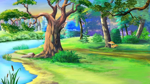 夏日阳光明媚 池塘边的树 数码绘画背景 — 图库照片