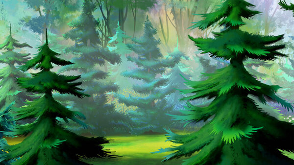 Coniferous forest on a sunny day. Digital Painting Background, Illustration.