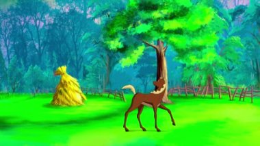 Güneşli bir günde çayırda dört nala koşan kahverengi taylar. El yapımı animasyon 4K görüntü, hareket grafikleri