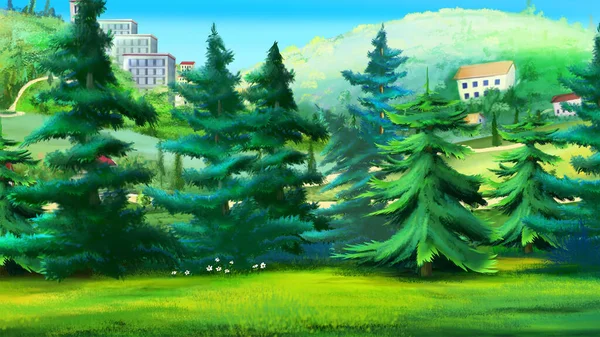 Spruce Tree Park Summer Day Digital Painting Background Illustration — Stock Photo, Image