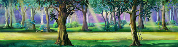 Pathway in the park between the trees on a sunny day. Digital Painting Background, Illustration.